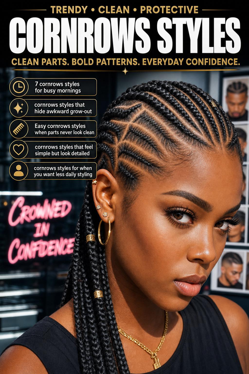 Close-up photo of modern cornrows styles braided neatly along the scalp with a clean center part
