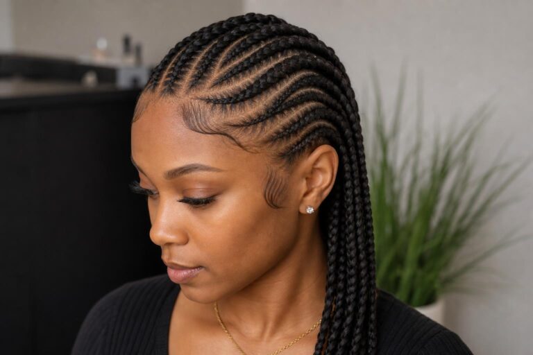 Modern cornrows styles with straight-back rows and clean center part, polished protective braids for work or events