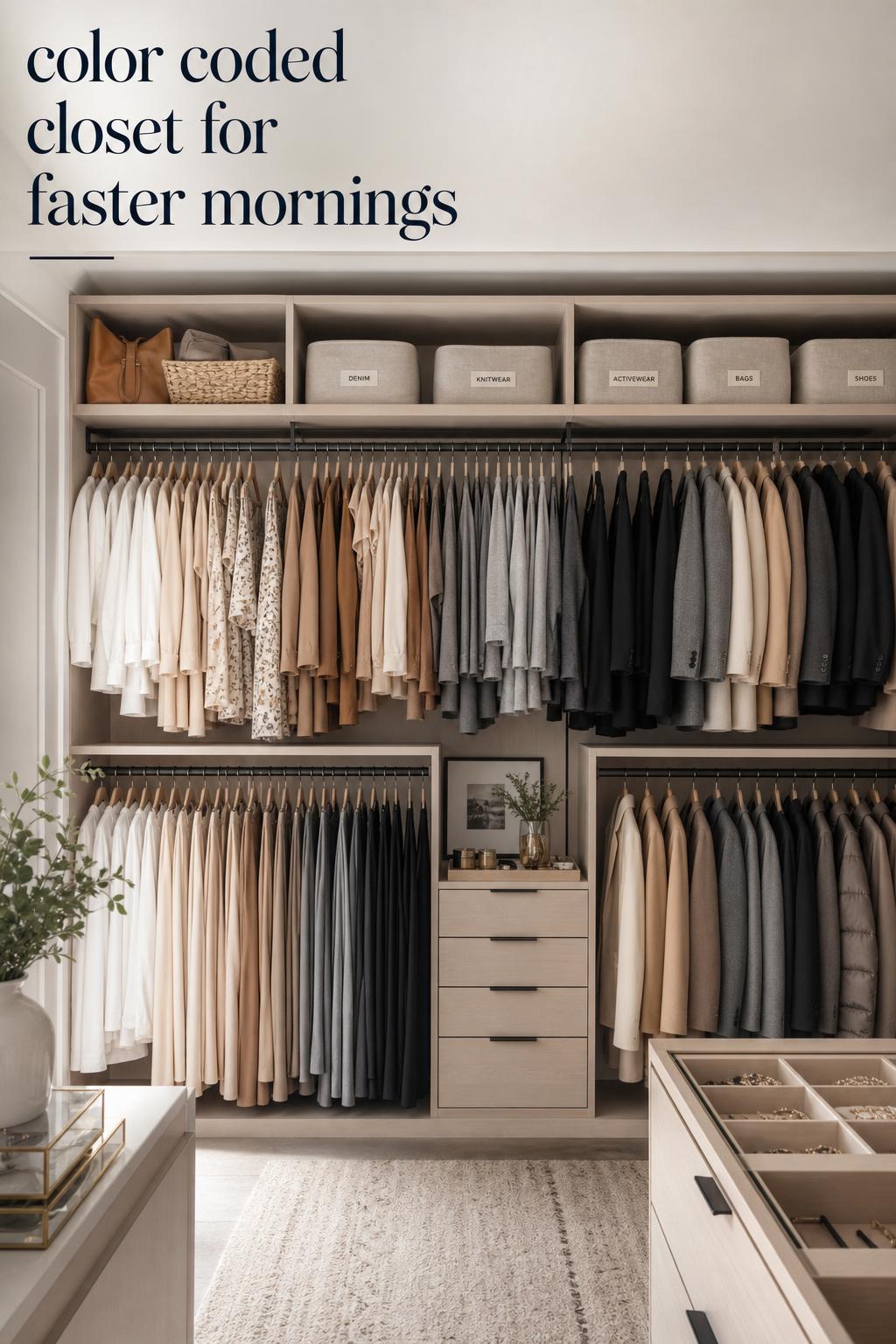 Modern dressing room with a calm, minimalist color coded closet organized by category and soft neutral ombré tones