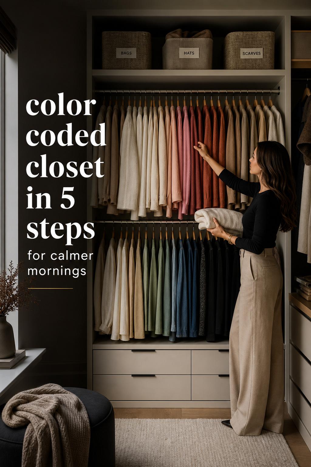 Modern dressing room with a color coded closet, neatly organized wardrobe rails, shelves, and labeled bins in soft neutral tones.