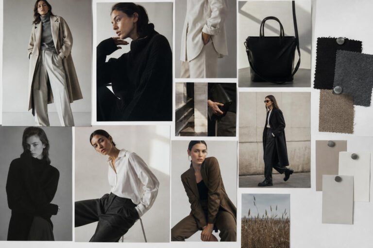 Fashion shoot moodboard with neutral tailoring, tonal textures, and modern editorial styling references