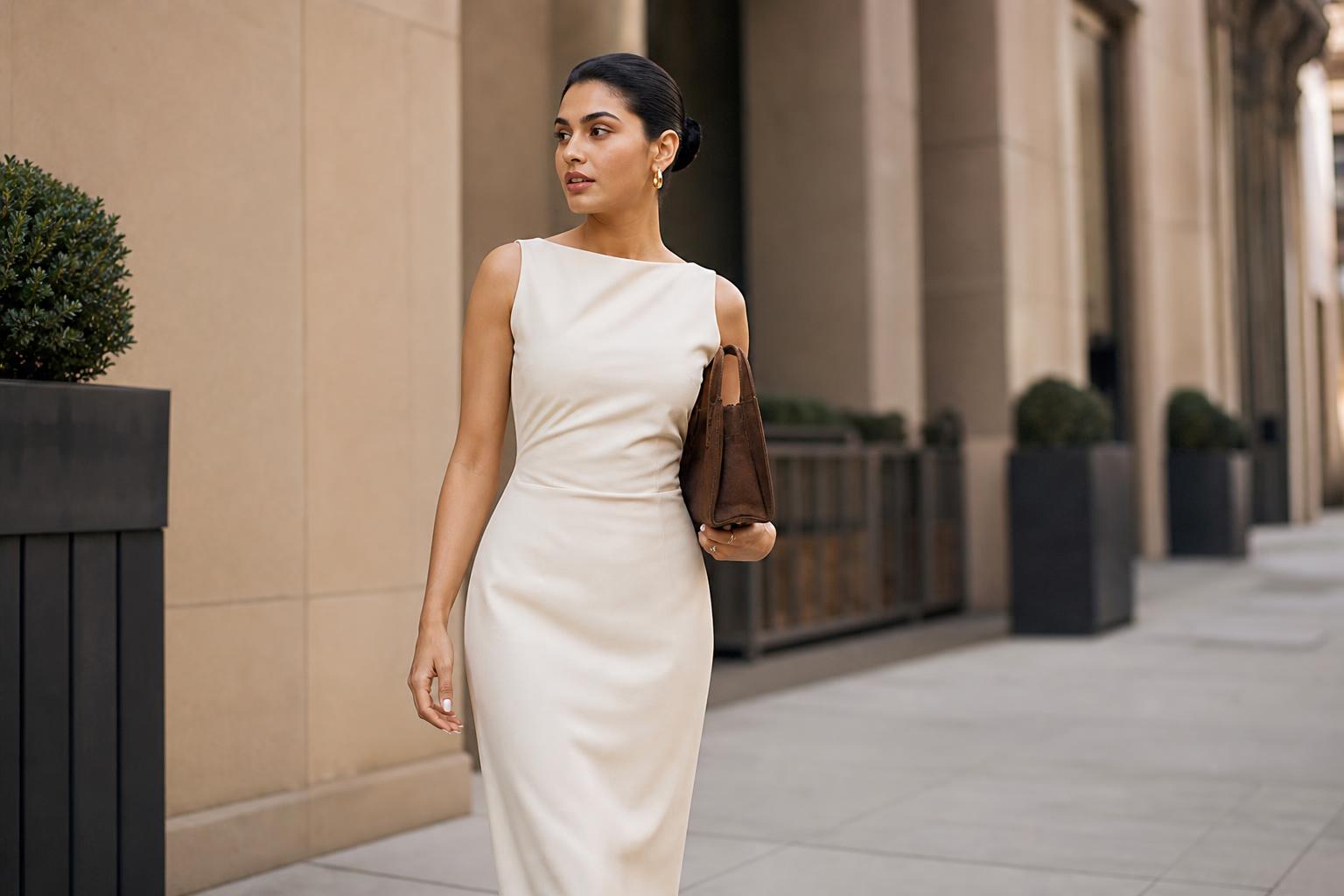 Model wearing a minimalist midi dress showcasing plain fabric dress designs with clean lines and refined drape