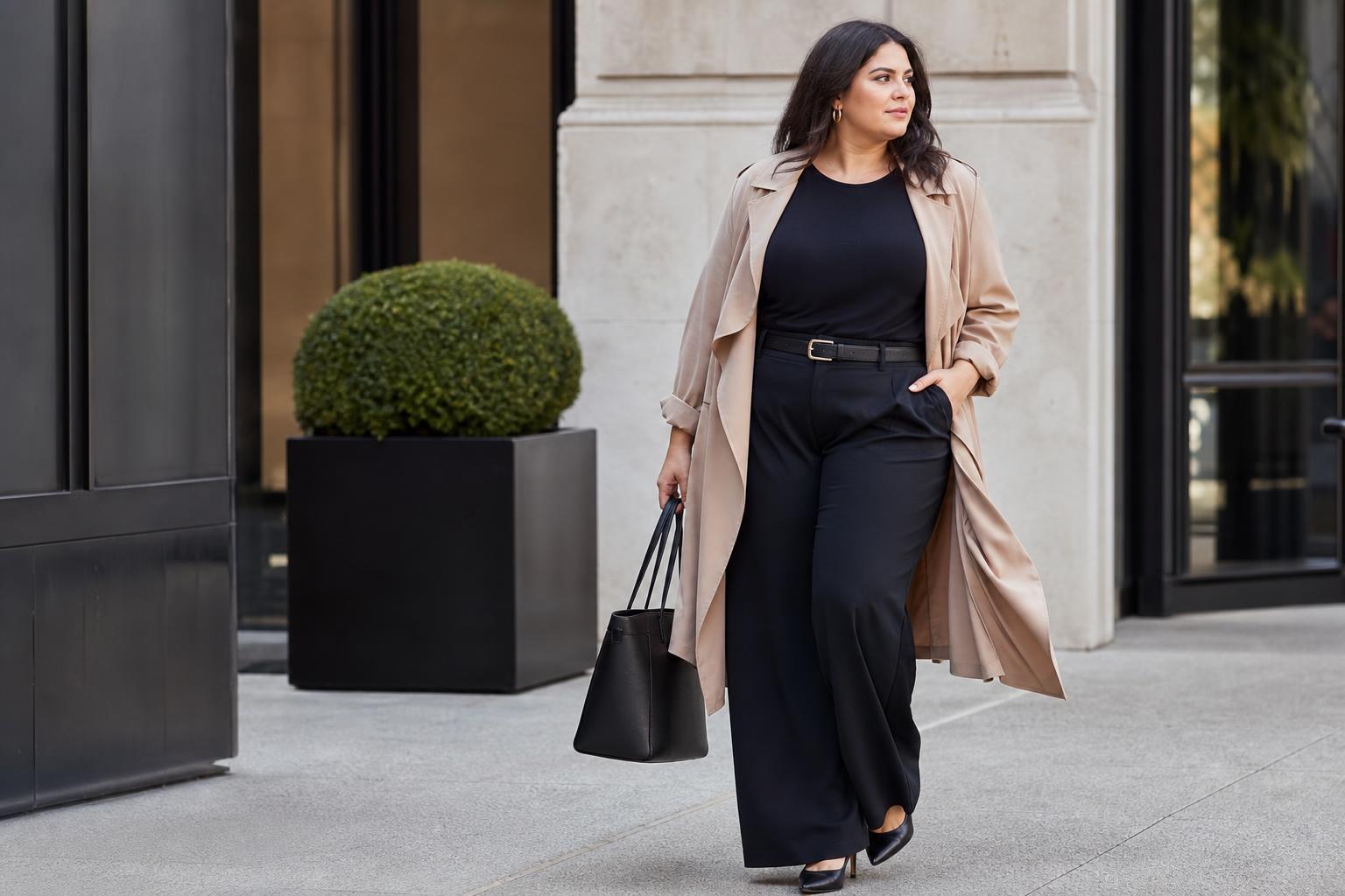 Plus size style outfit with blazer, wide-leg trousers, and sleek flats for modern work-to-weekend dressing