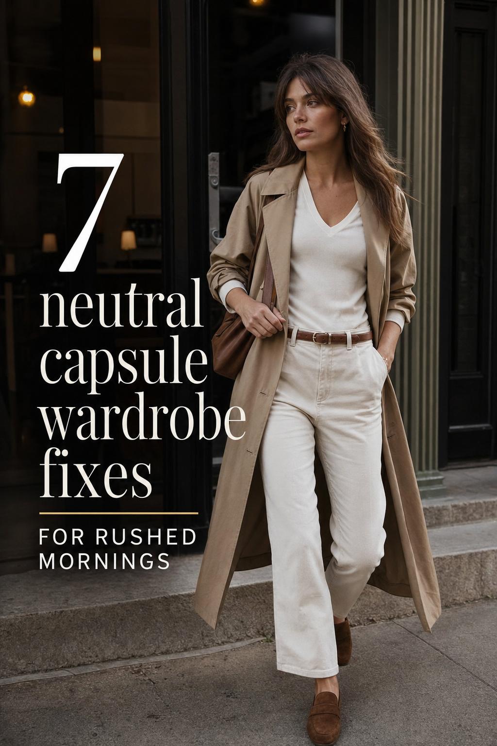 Woman in a neutral capsule wardrobe with blazer and trench coat walking a quiet city street in soft morning light