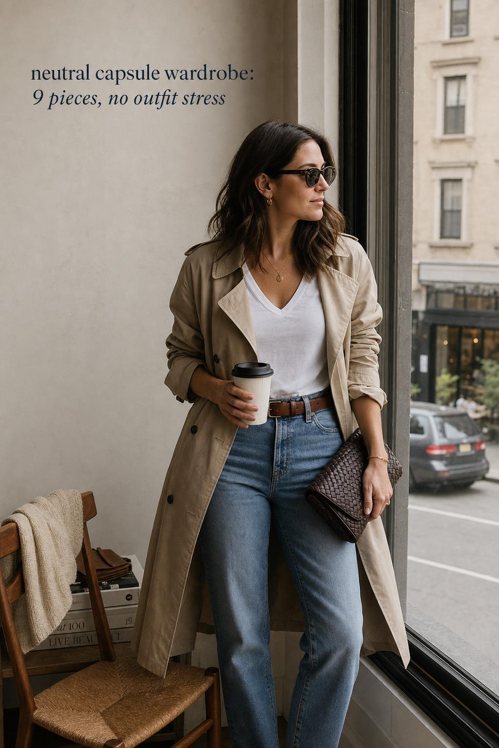 Neutral capsule wardrobe editorial photo of a woman in a trench and jeans by a window in a minimalist city apartment