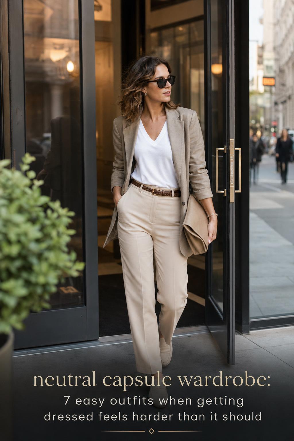 Neutral capsule wardrobe look: woman in white tee and beige trousers stepping from city lobby into morning light