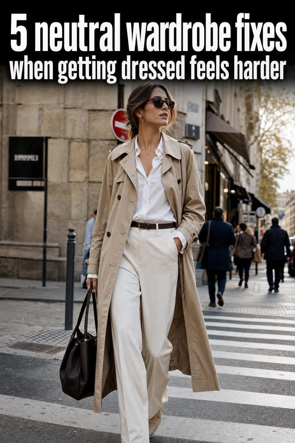 Neutral wardrobe with beige and cream clothing neatly arranged on hangers in a bright closet