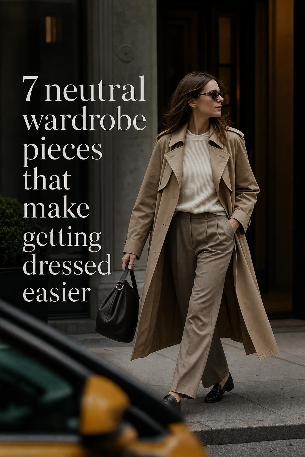 Neutral wardrobe commuter in beige trench and ivory knit walking past a stone city entrance in soft morning light