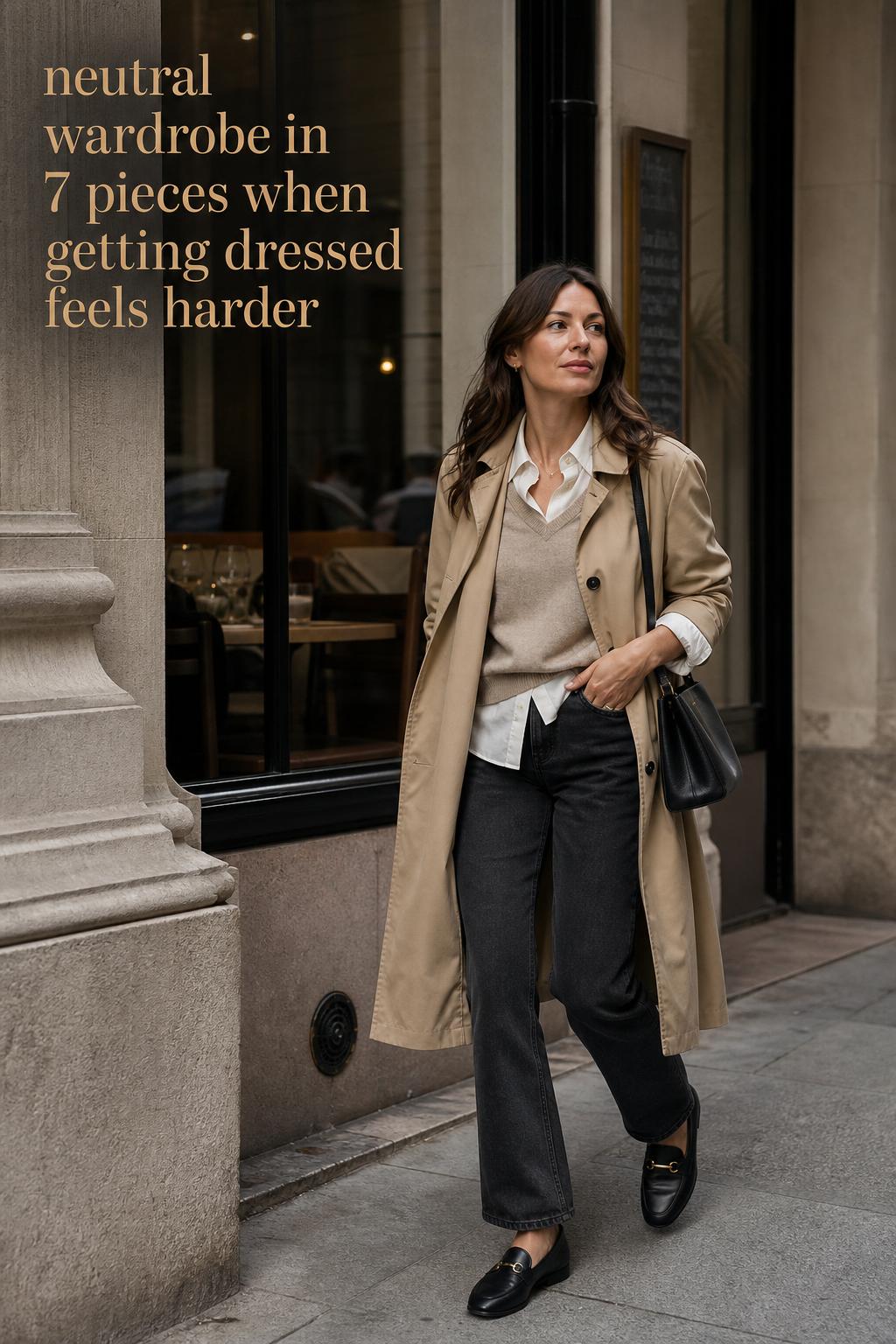 Neutral wardrobe editorial street-style photo of a woman in a beige trench coat outside a modern city café entrance
