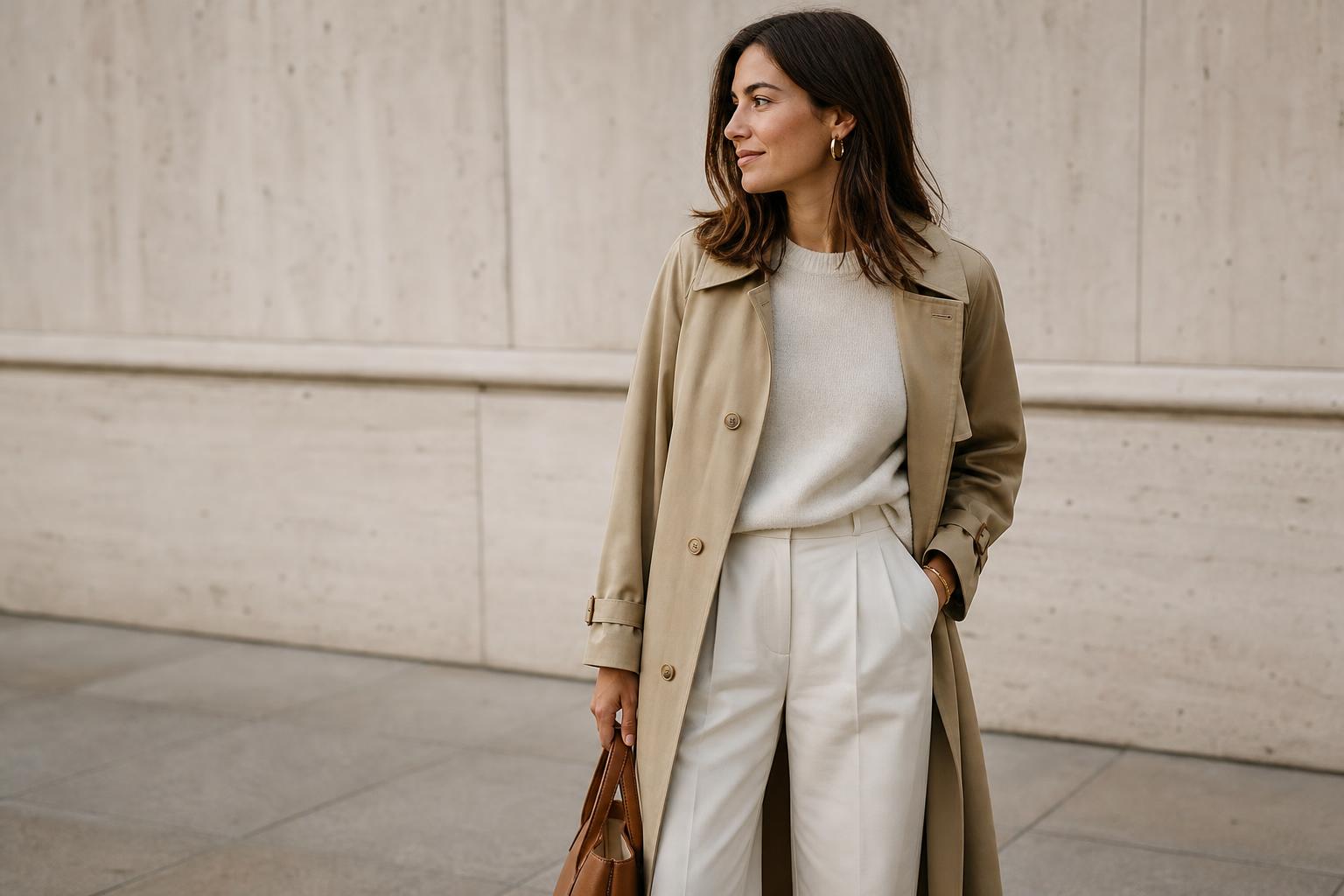 Neutral wardrobe essentials on a clothing rack with beige, camel, cream, and charcoal staples for everyday outfits