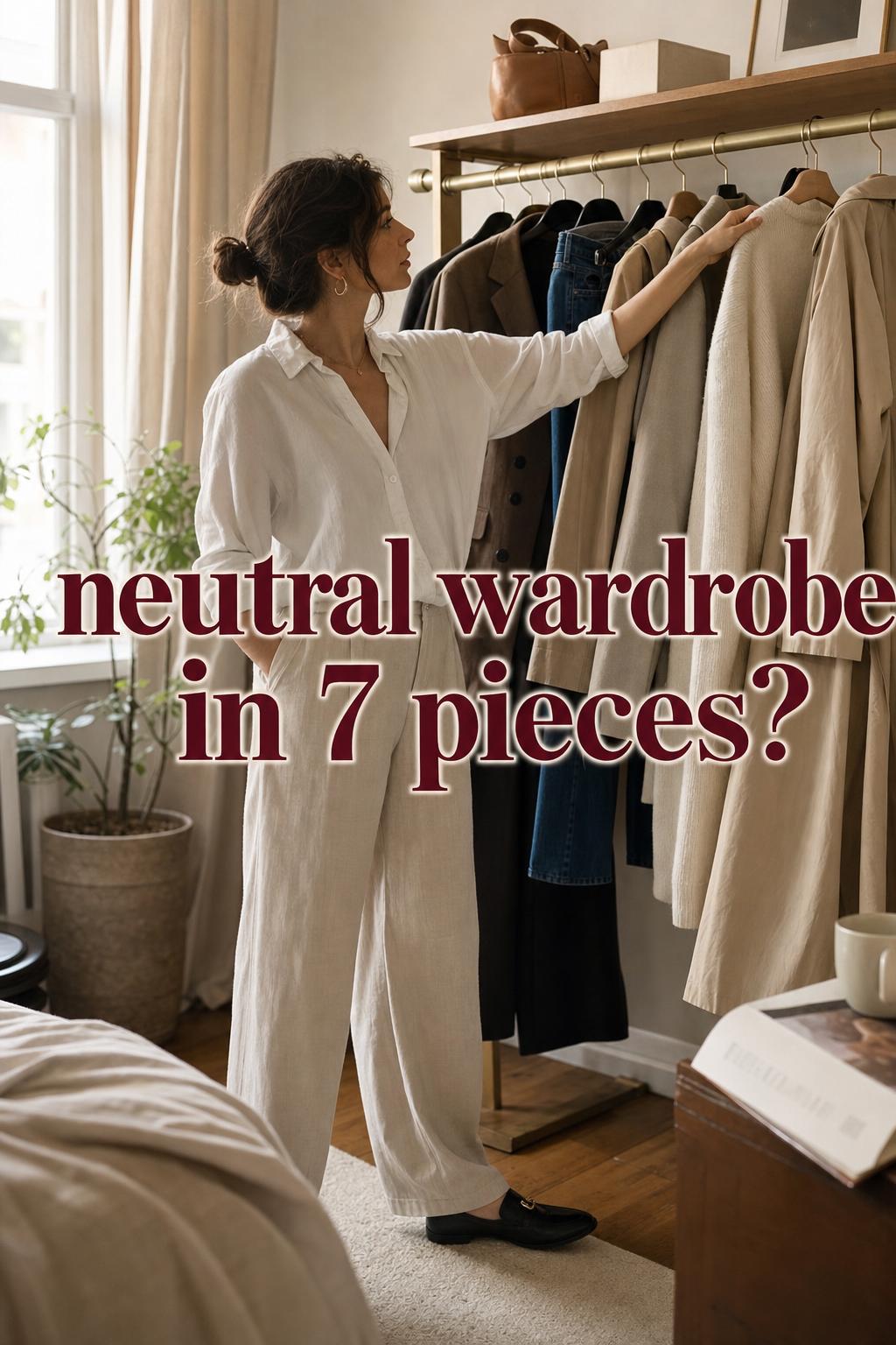 Woman choosing outfits from an open rack in a sunlit apartment, showcasing a neutral wardrobe with trench coat and knits.