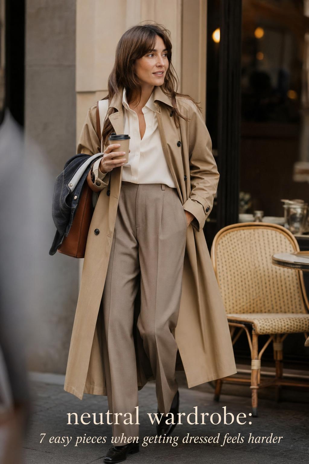 Neutral wardrobe street style outside a city café, woman in beige trench coat and taupe trousers on a morning commute