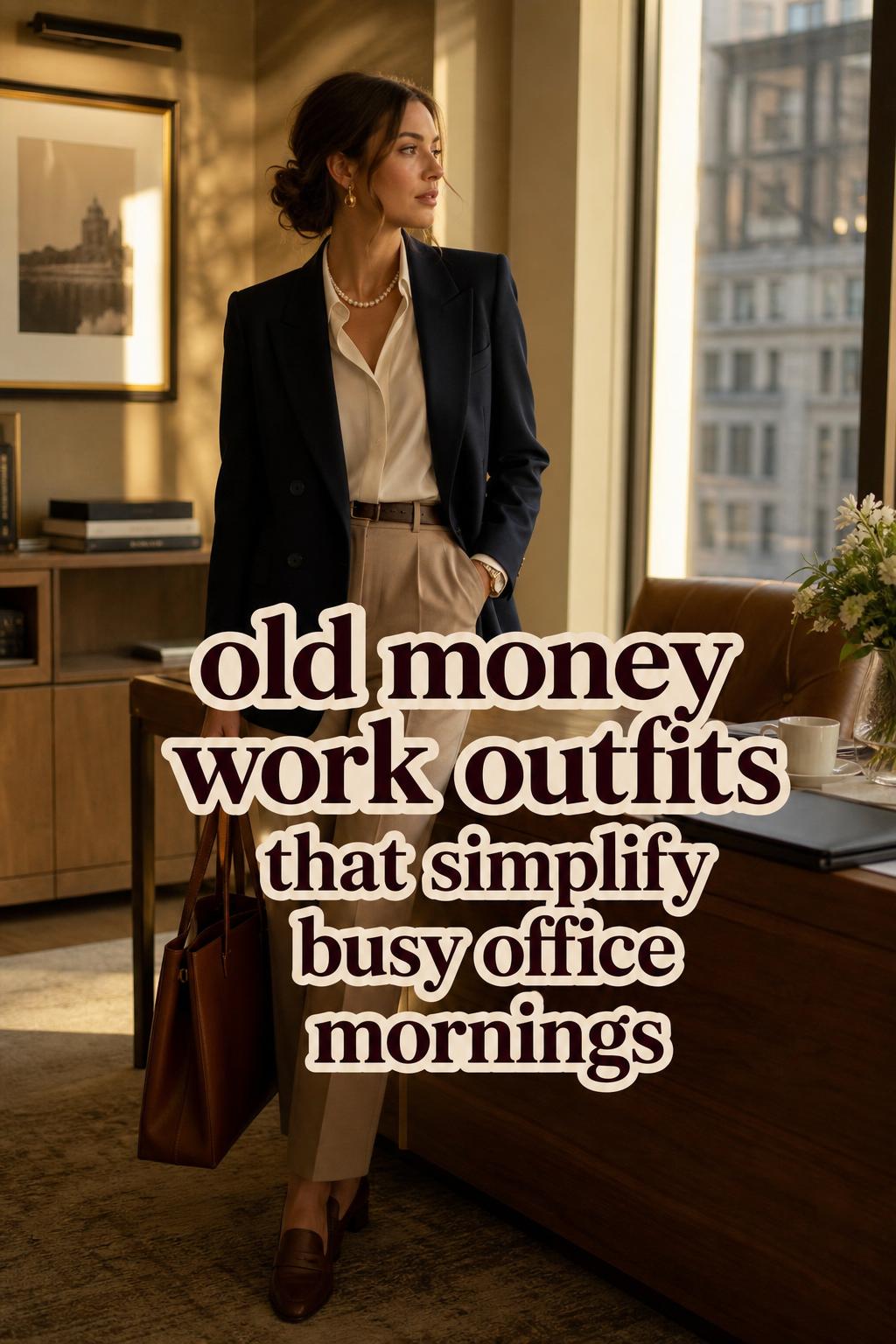 Professional woman in a golden-hour office wearing old money work outfits with bold Pinterest text overlay