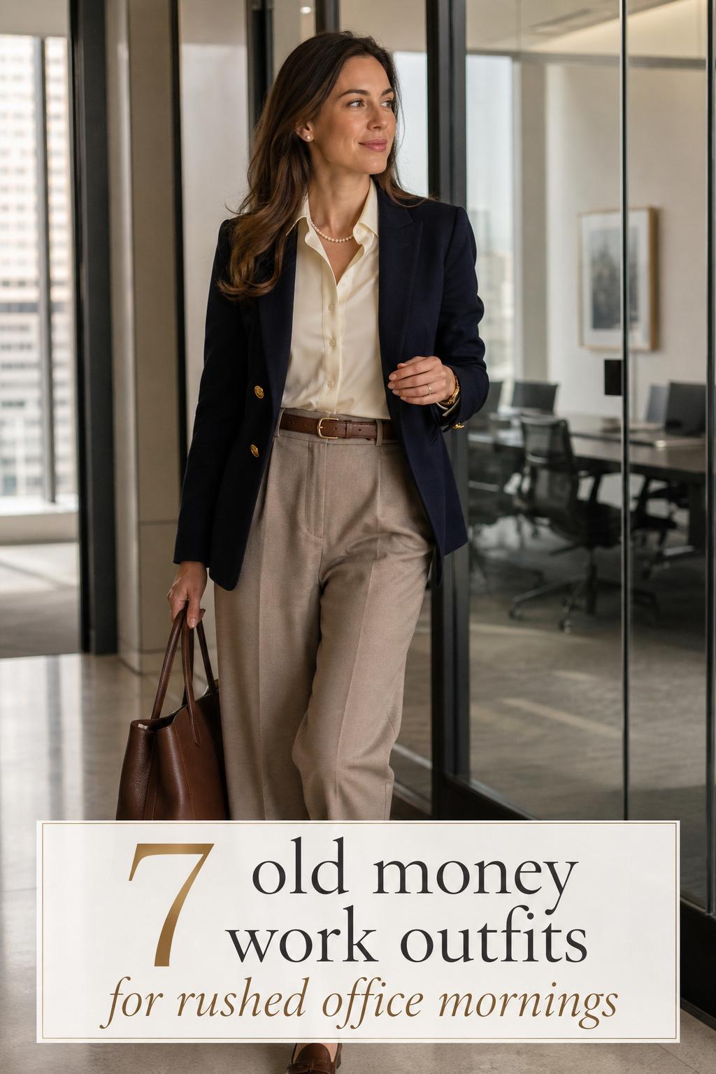 Old money work outfits in a modern city office: stylish professional woman walking past a glass boardroom in soft morning light.