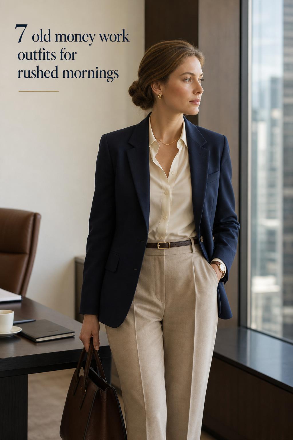 Old money work outfits in a modern office: woman in navy blazer, cream silk blouse, tailored trousers and leather tote