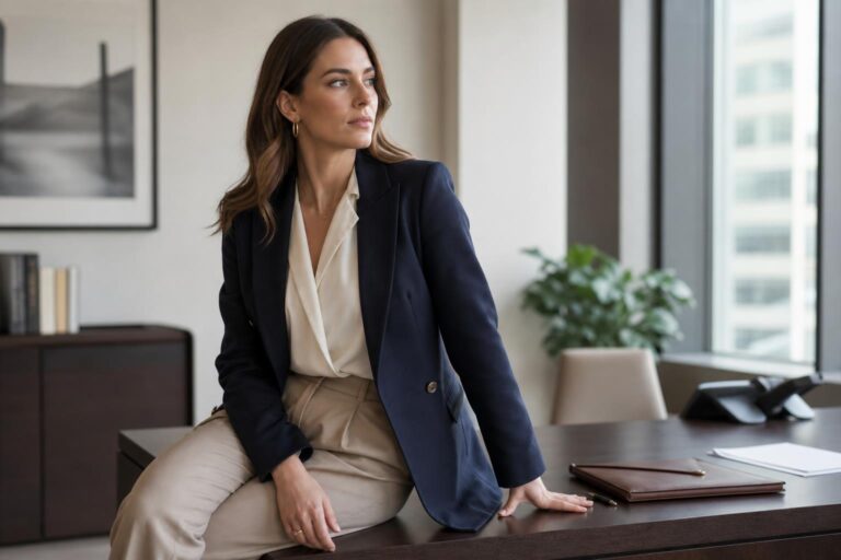 Old money work outfits with a navy blazer, cream silk blouse, tailored trousers, and loafers in a modern office setting