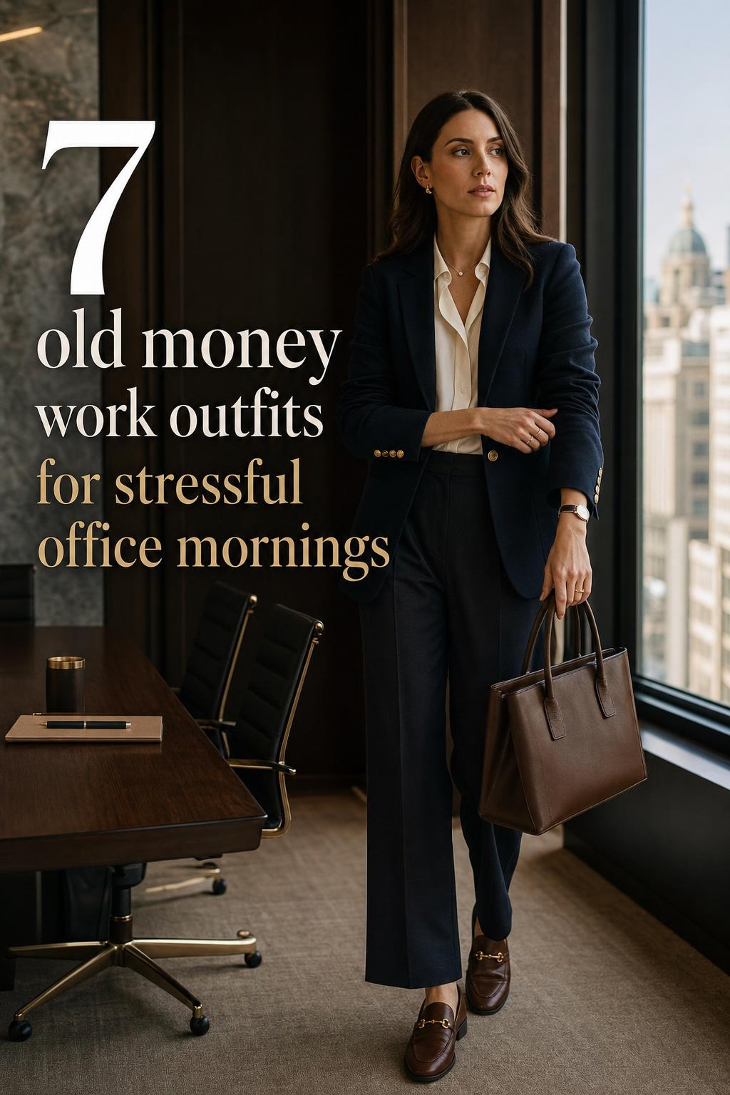 Old money work outfits in a moody city boardroom, poised woman in navy blazer and cream blouse with leather tote