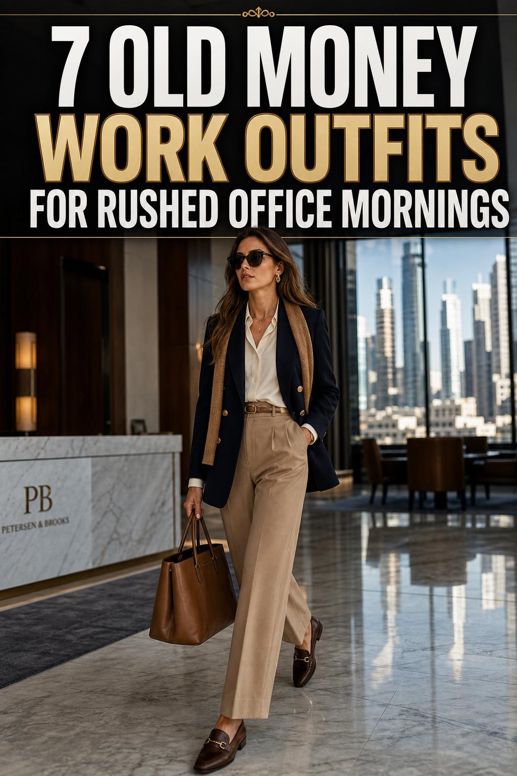 Old money work outfits in a tailored blazer and trousers, styled with classic leather loafers in a bright office setting