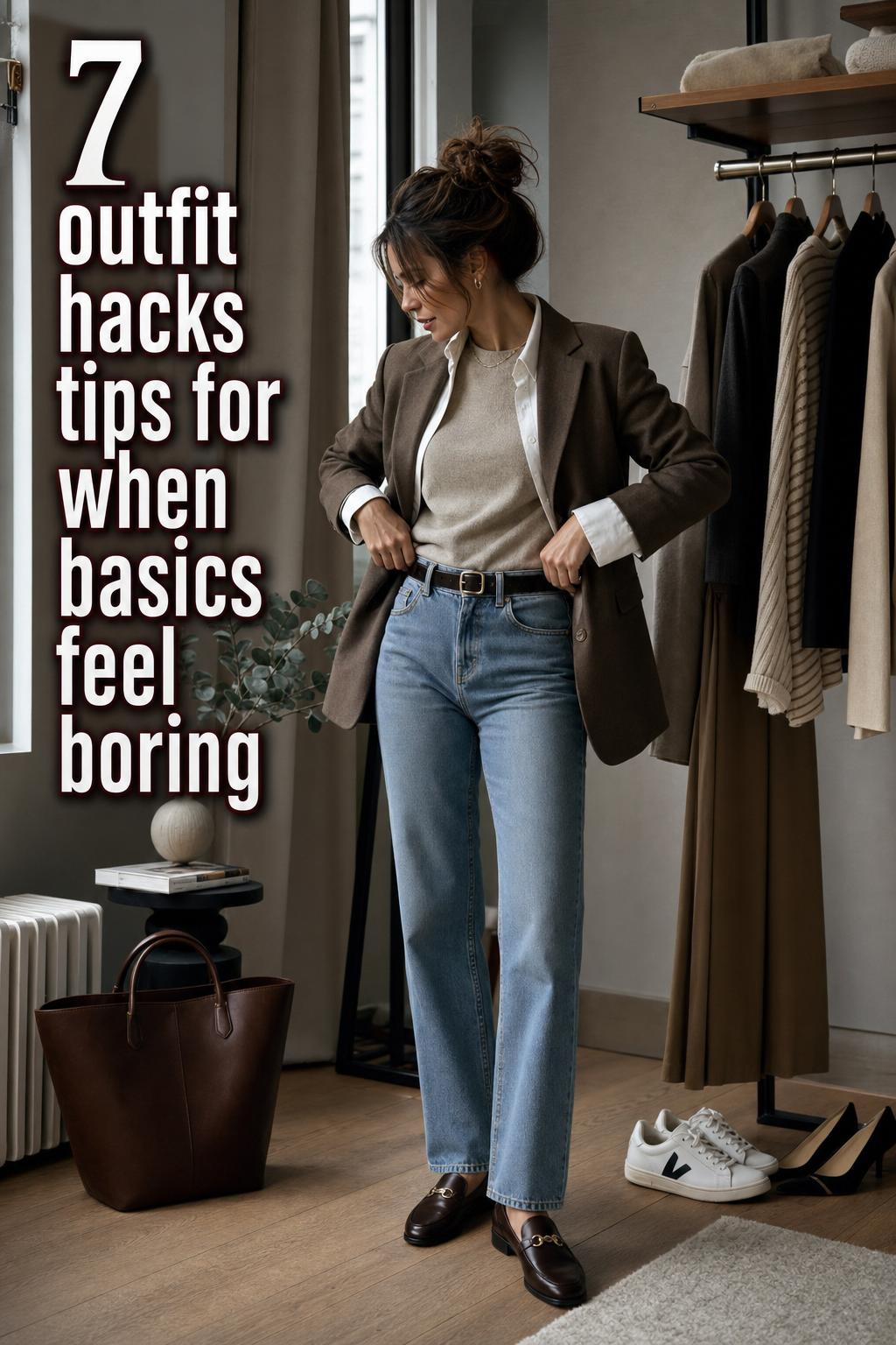 outfit hacks tips text overlay on stylish woman adjusting blazer in minimal urban wardrobe studio by window