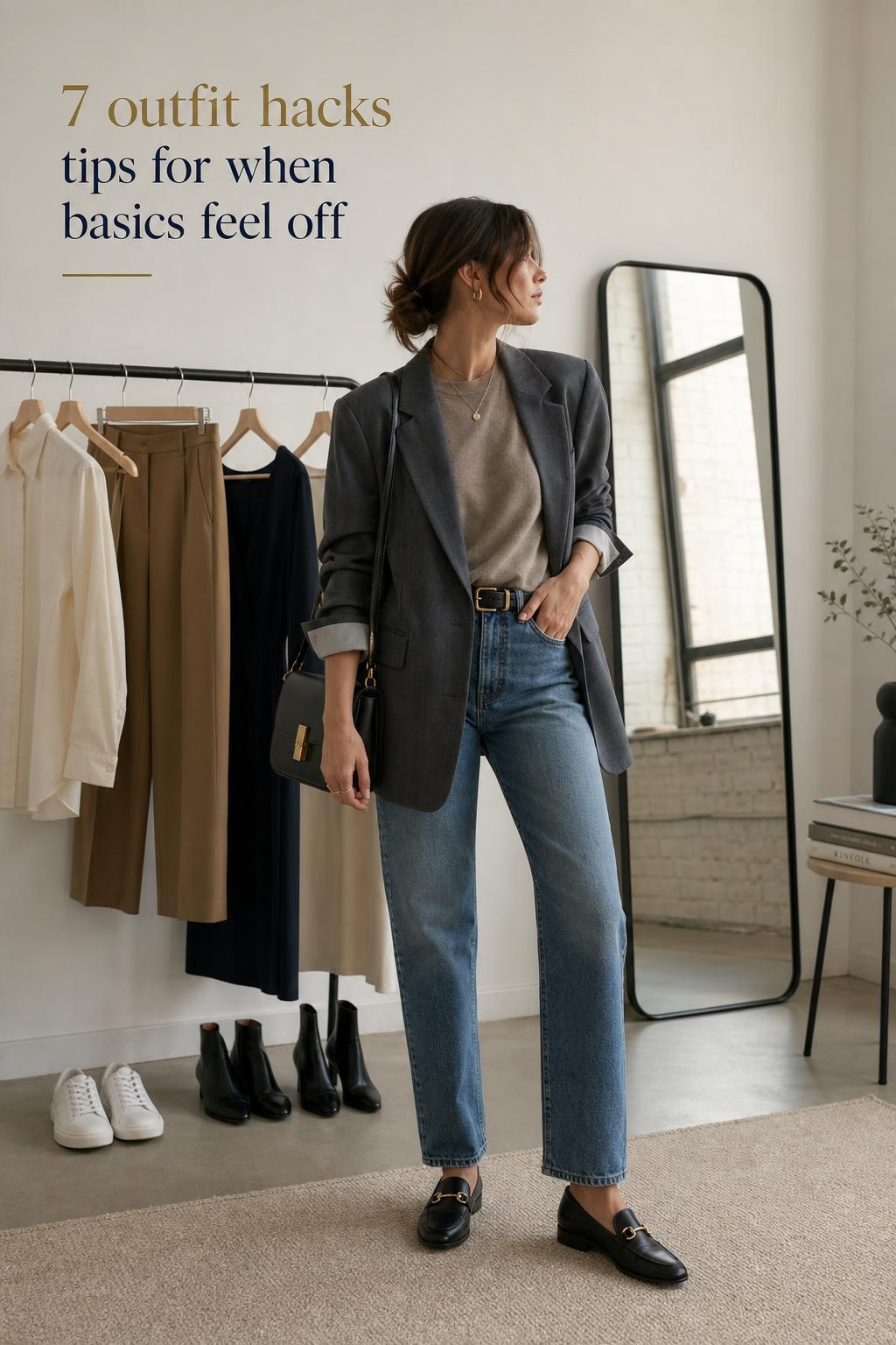 Outfit hacks tips: woman adjusting blazer and half-tuck in minimalist wardrobe studio with neutral rack and mirror