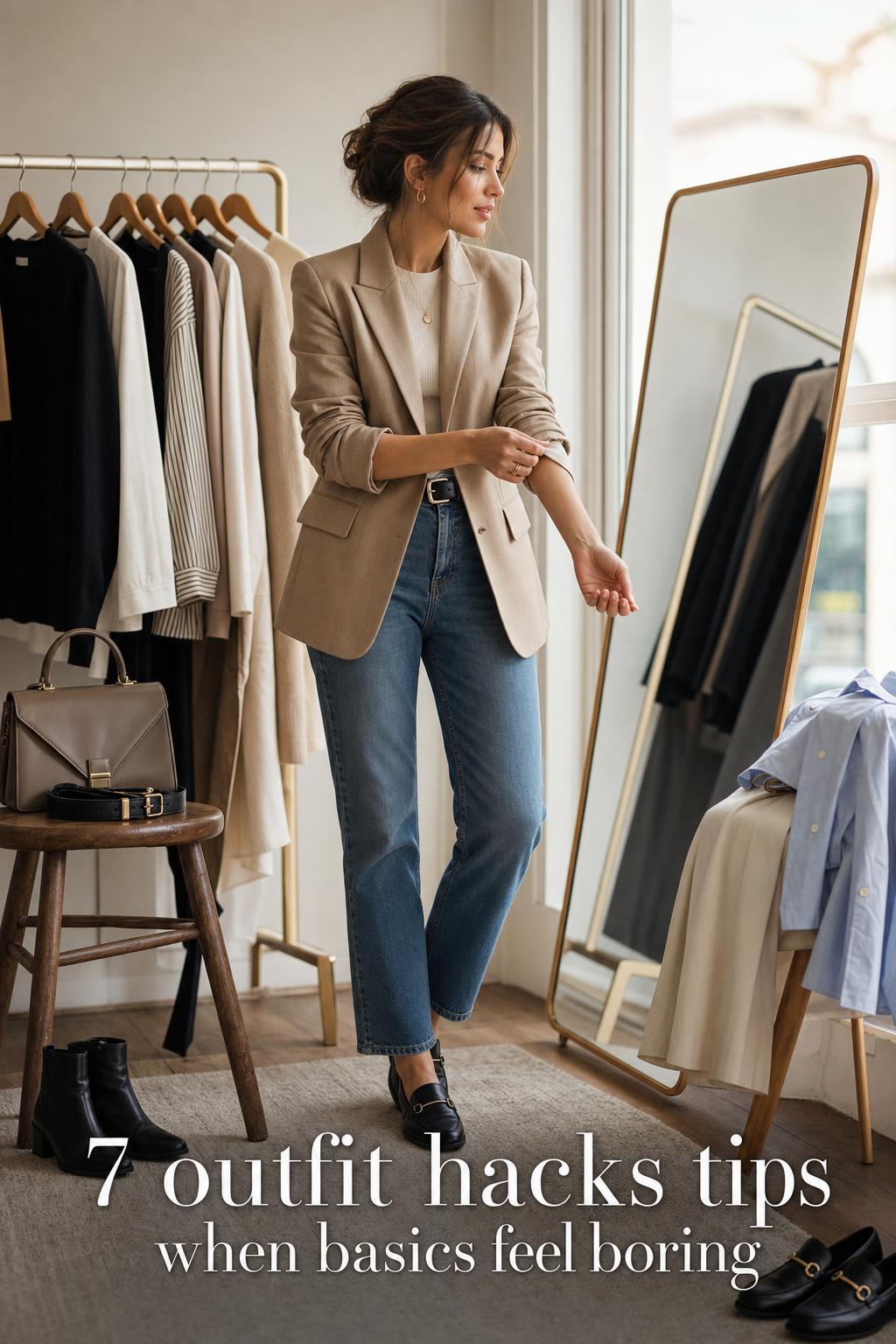 outfit hacks tips text overlay on stylish woman adjusting blazer in sunlit urban wardrobe studio with neutral basics and mirror