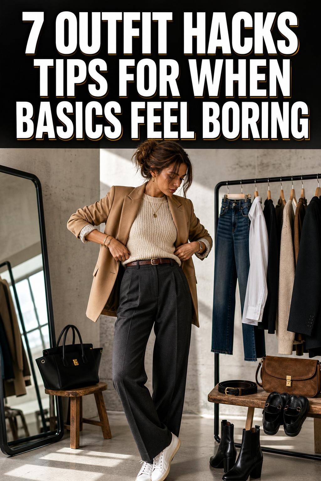 Photographic outfit hacks tips displayed on a wardrobe styling board with clothing and accessories laid out neatly.