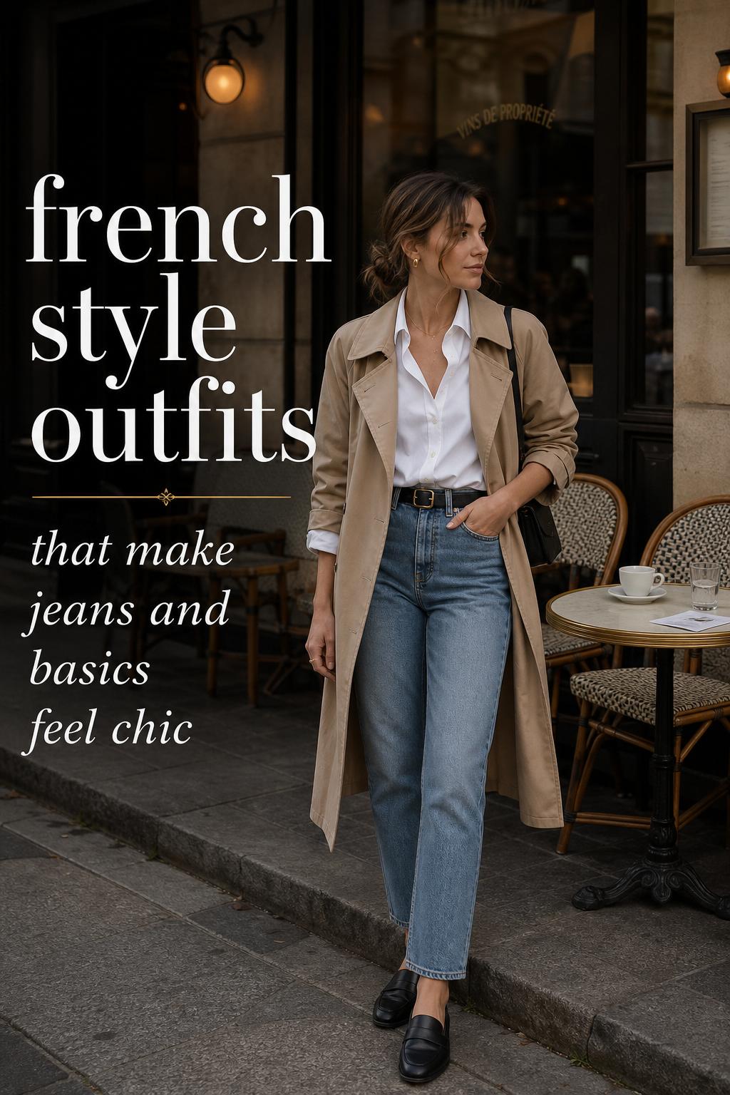 Stylish woman in trench coat by Paris sidewalk café with overlay text about french style outfits, moody morning light