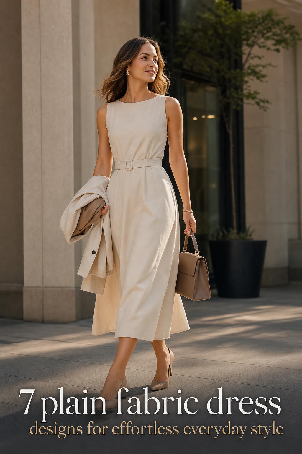 Modern woman walking in the city wearing a minimal dress with text about plain fabric dress designs for everyday style