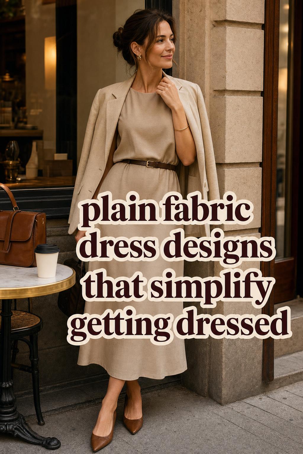 Woman in warm city café light wearing minimalist dress with bold text: plain fabric dress designs for polished outfits