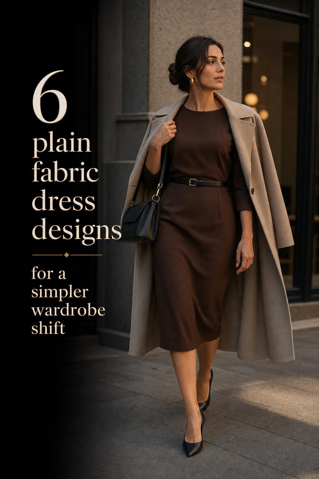 Modern woman in tailored minimal dress at dusk in the city, showcasing plain fabric dress designs with refined styling