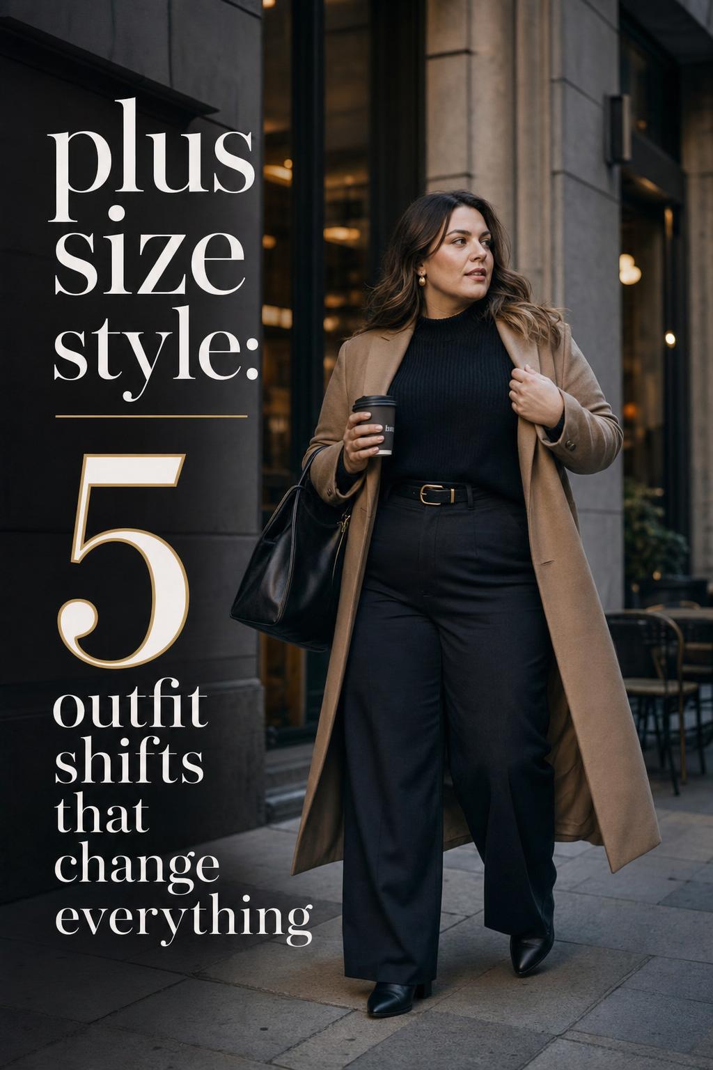 Plus size style in the city: confident woman in charcoal blazer and wide-leg trousers walking near a modern café at dusk