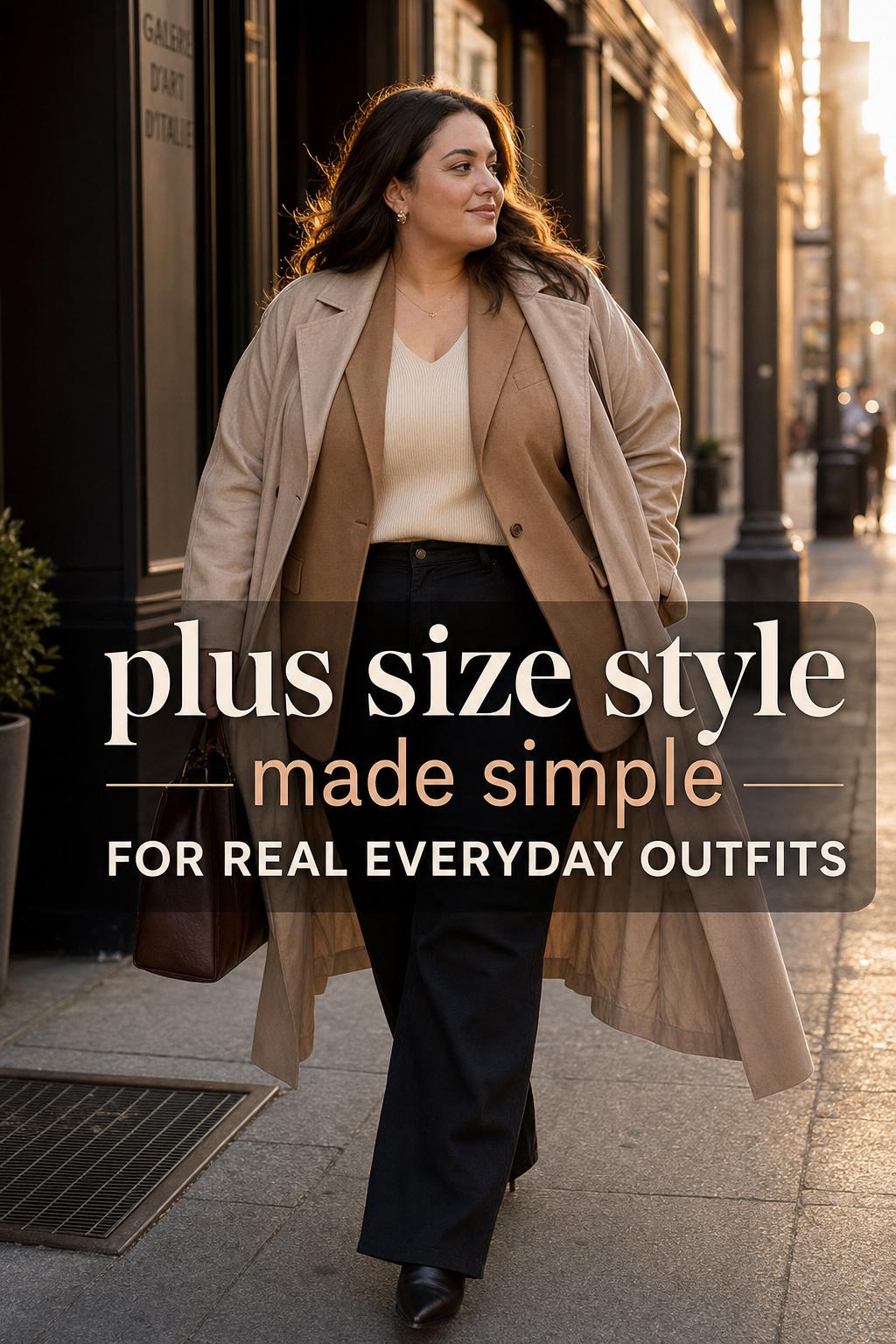 Plus size style inspiration: confident woman in neutral blazer and coat walking a city street at golden hour