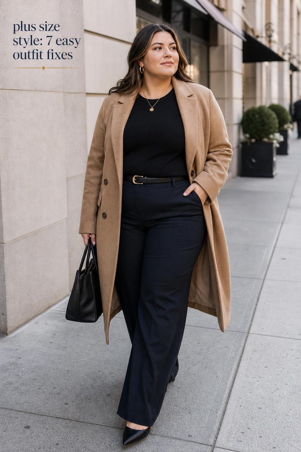 Plus size style editorial photo of a confident woman in neutral blazer and wide-leg trousers walking on a modern city street.