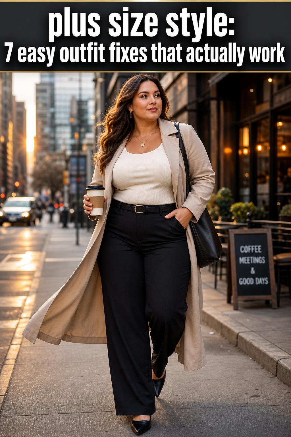 Plus size style outfit on a confident woman in a bright, modern city street setting