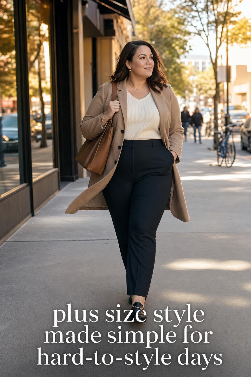 Plus size style: confident woman walking on city street at golden hour in camel blazer, ivory knit top, and dark trousers