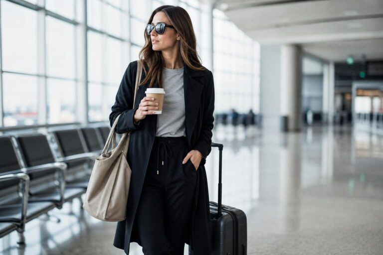 Polished airport style outfit with layered jacket, comfortable pants, sleek flats, and carry-on bag in a bright terminal