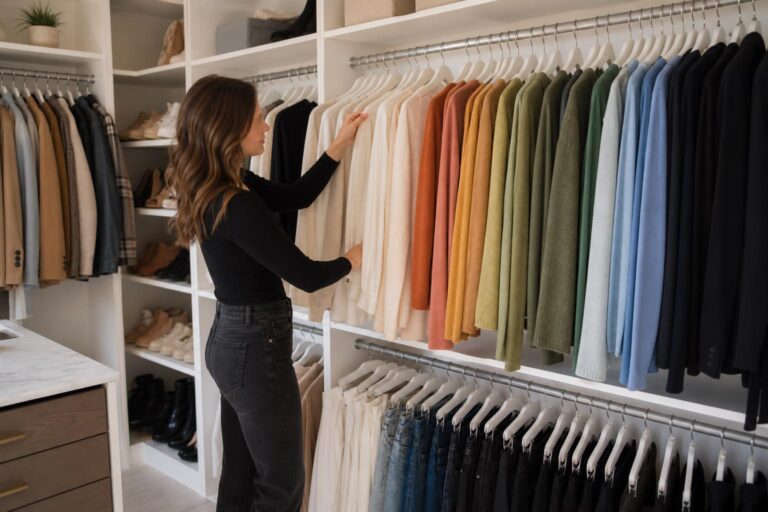 A neatly organized color coded closet with clothes arranged by category and color on matching hangers for a polished look