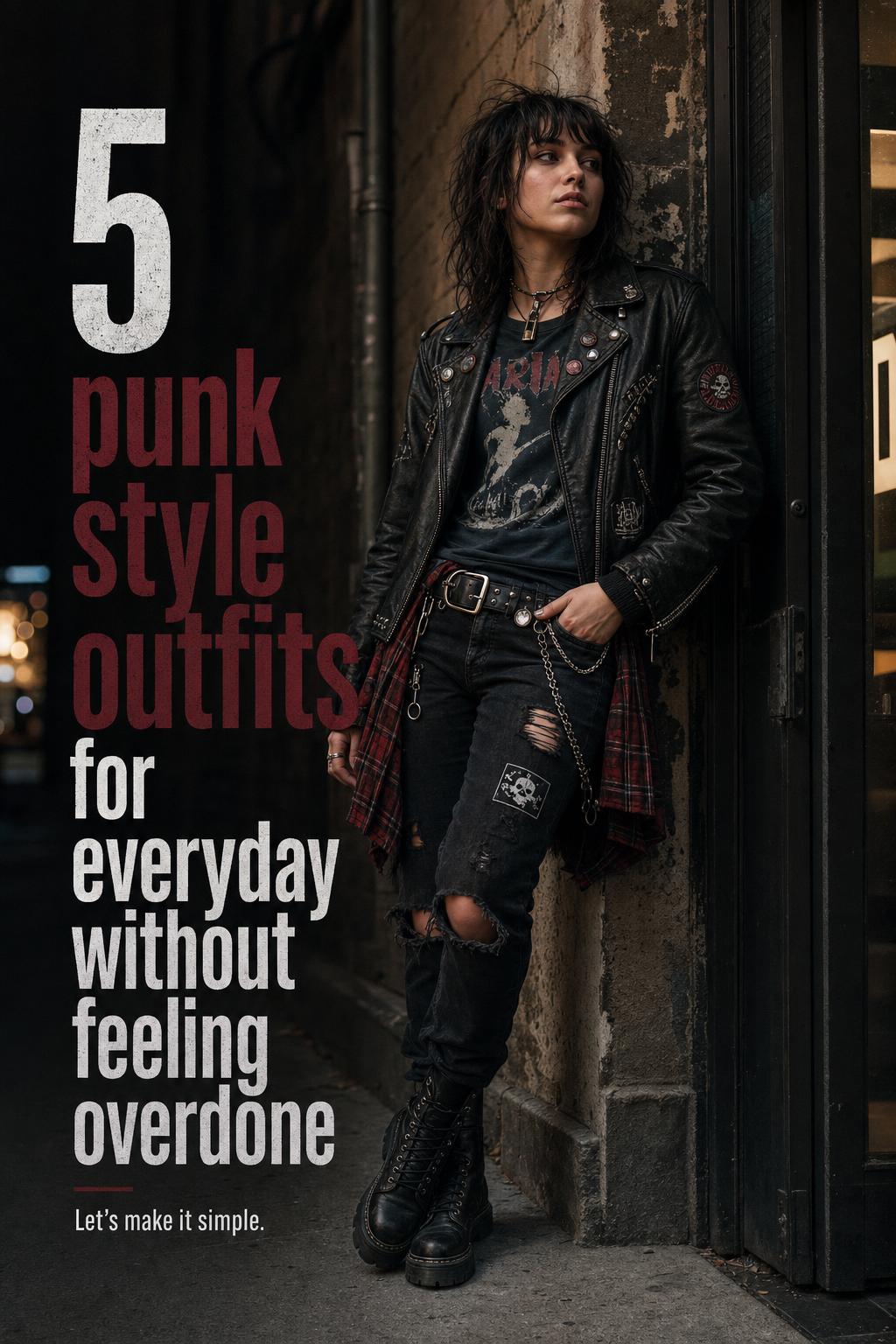 Punk style outfits editorial photo of a young adult in a leather jacket and combat boots by a brick wall at dusk