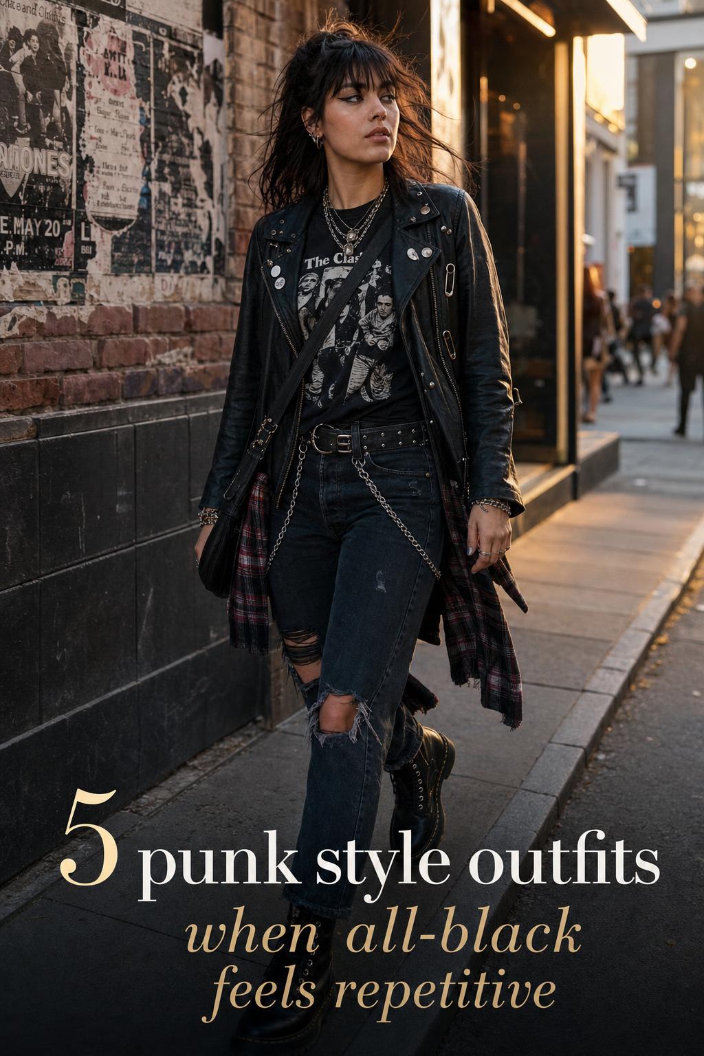Punk style outfits on a confident woman walking a gritty city street at golden hour in a leather jacket and combat boots