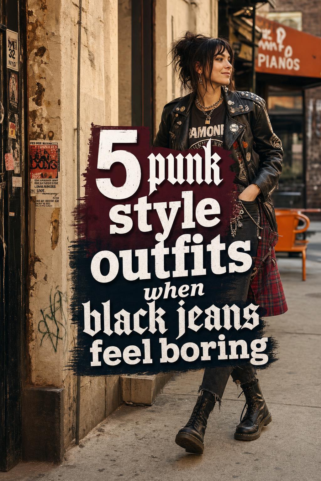 Punk style outfits on a young adult in a warm golden-hour city street with leather jacket, band tee, tartan, and boots