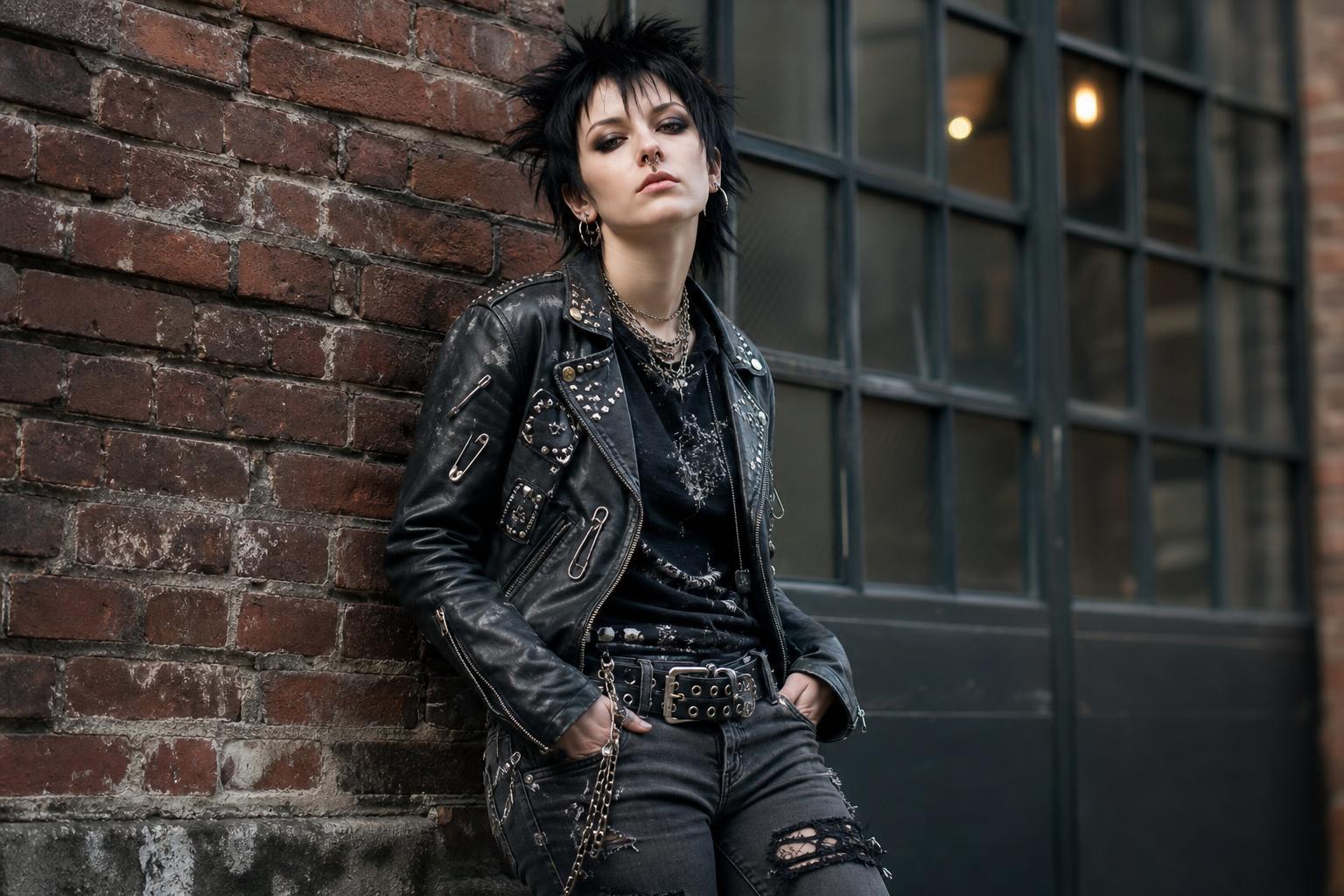 Punk style outfits with leather jacket, band tee, ripped jeans and combat boots on a modern city street