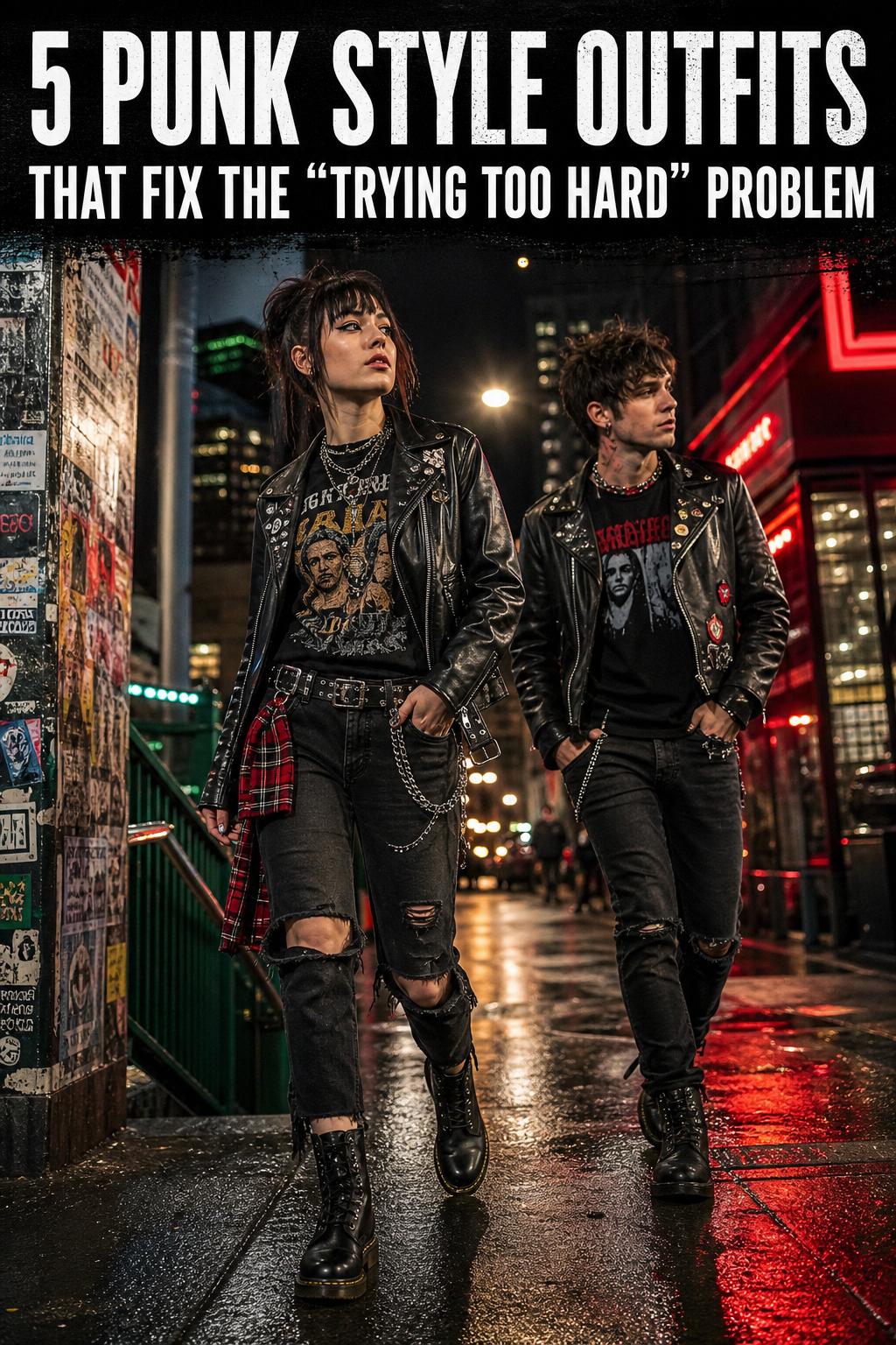 Punk style outfits with leather jacket, ripped jeans, and studded accessories on a city street