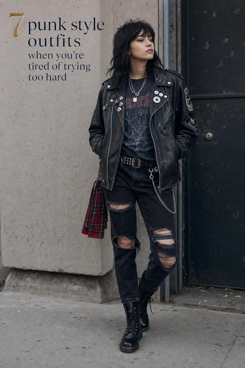punk style outfits street-style editorial with leather biker jacket, band tee, distressed denim and combat boots in city alley