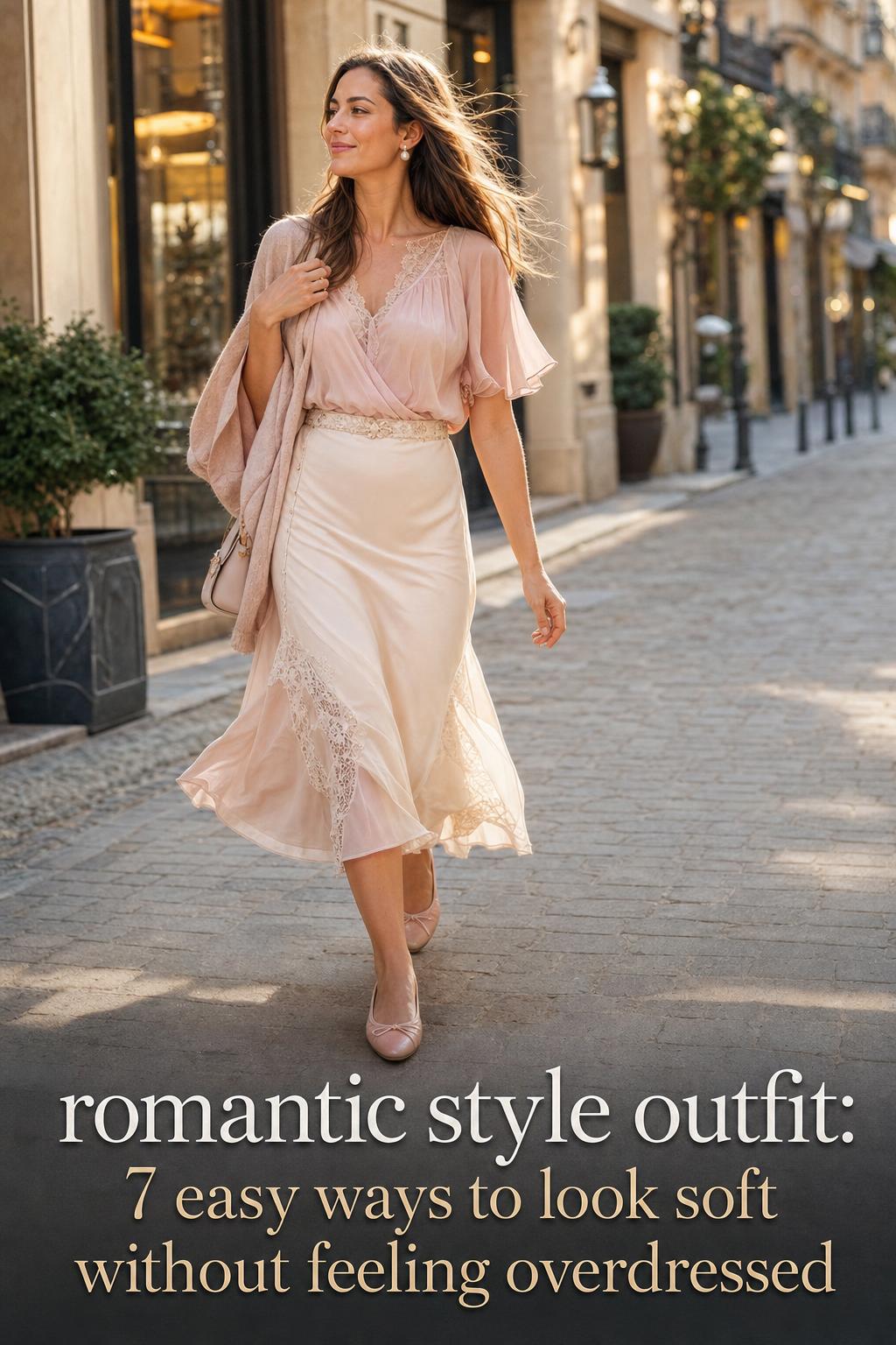 Romantic style outfit with blush chiffon blouse and cream silk midi skirt on woman walking a European street at golden hour