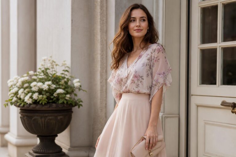 Romantic style outfit with a blush chiffon blouse, lace midi skirt, and pearl accessories in soft natural daylight