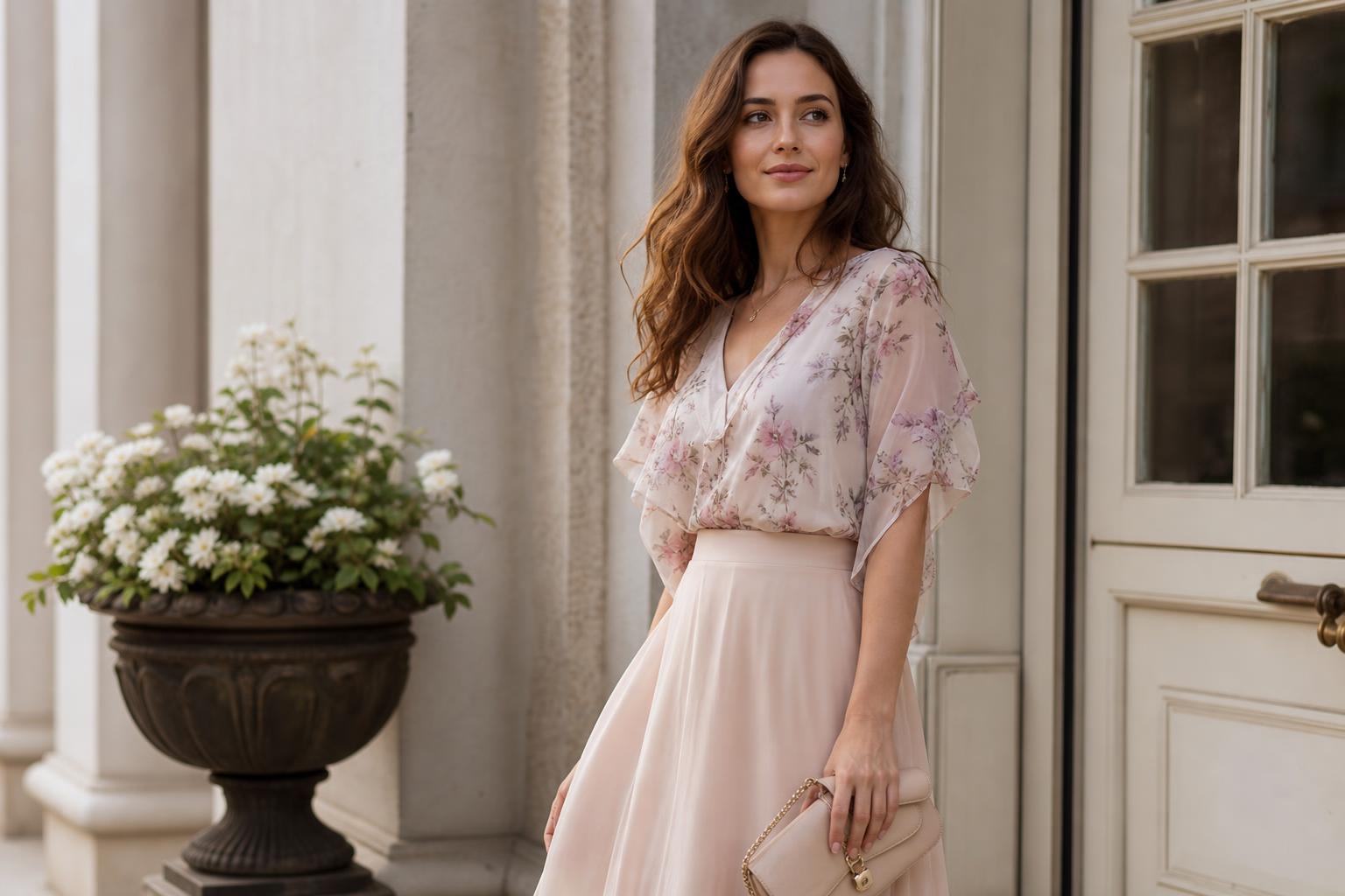 Romantic style outfit with a blush chiffon blouse, lace midi skirt, and pearl accessories in soft natural daylight