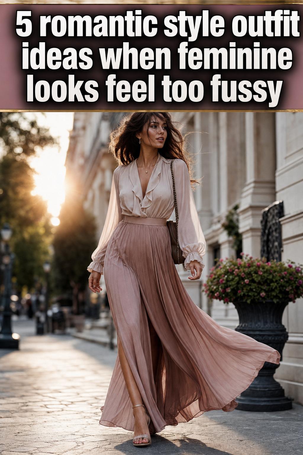 Romantic style outfit with flowing dress, lace details, and soft pastel tones in natural light