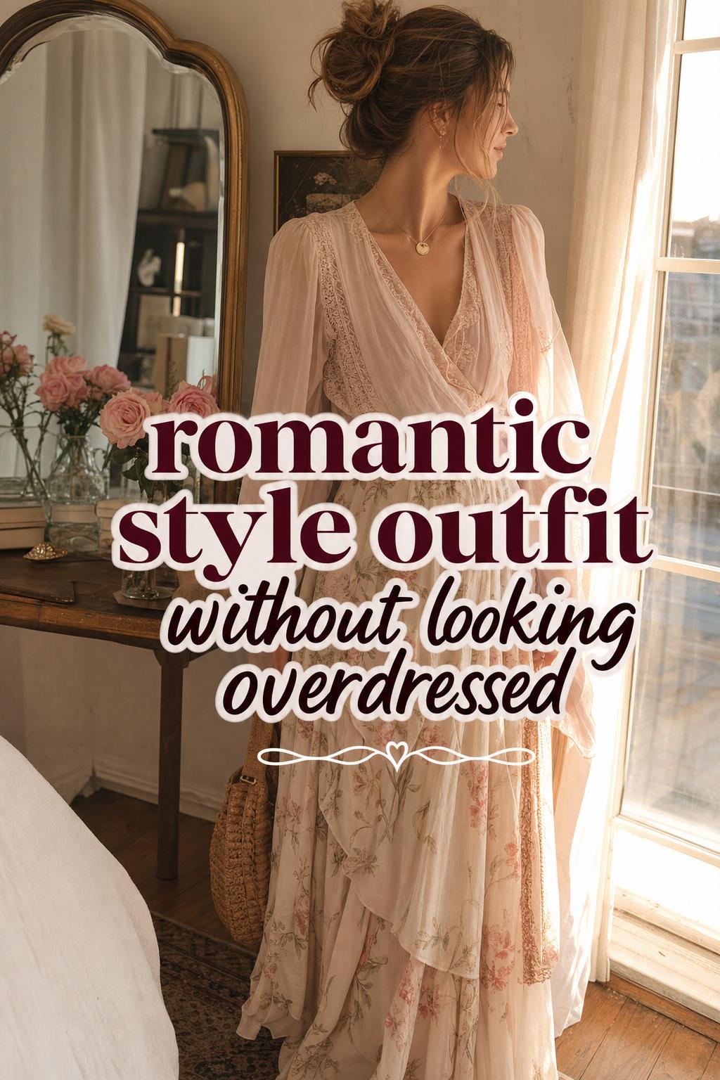 Woman in a romantic style outfit in golden-hour bedroom with lace blouse and airy skirt, Pinterest text overlay