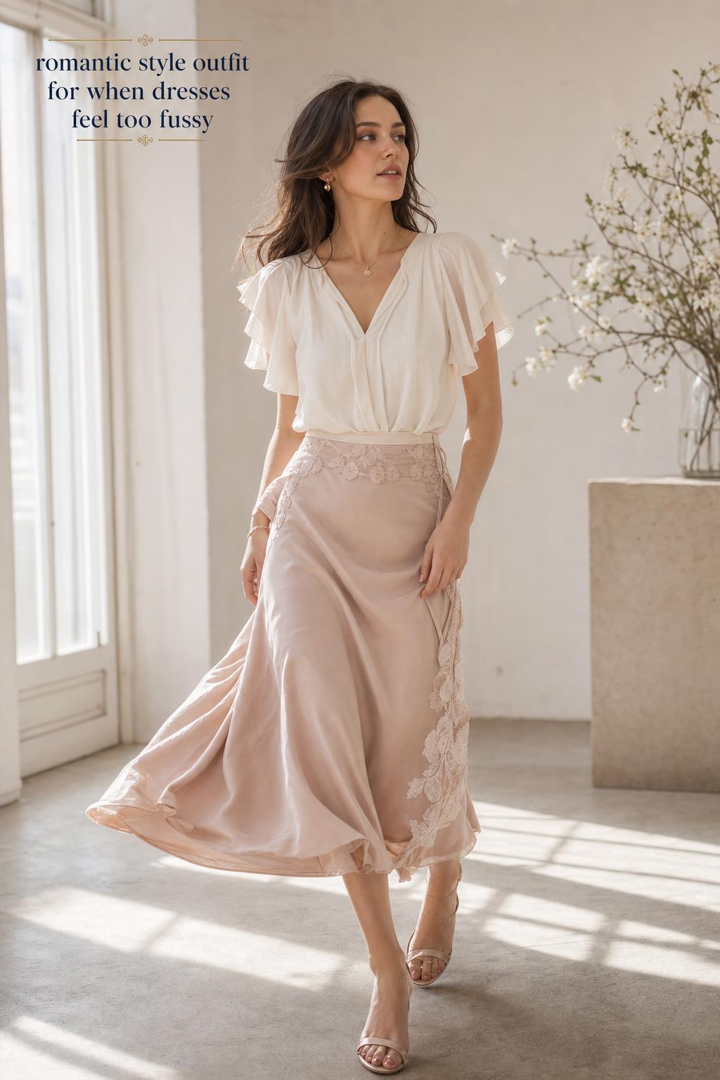 Romantic style outfit editorial photo of woman in ivory chiffon blouse and blush silk midi skirt in soft window light