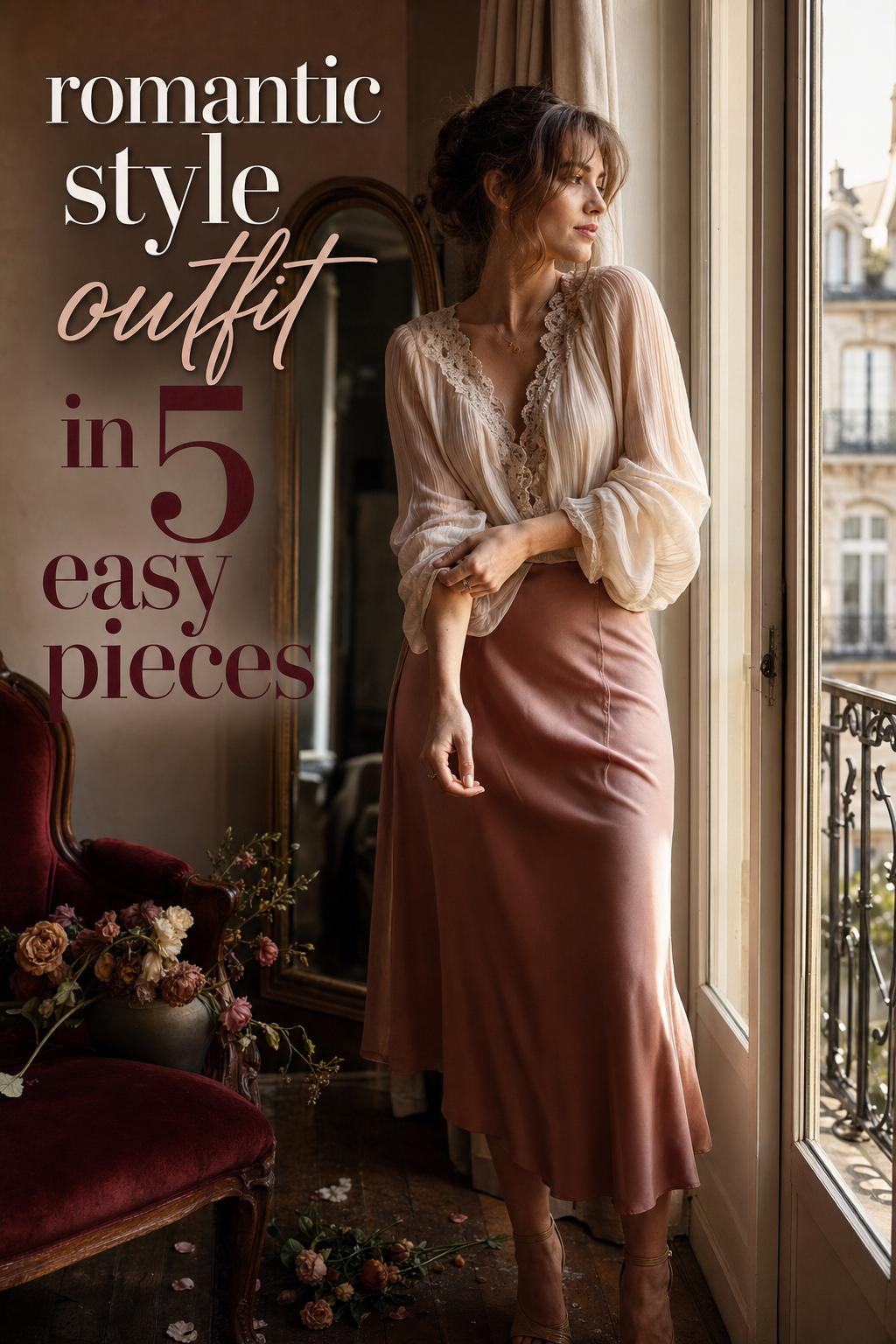 Romantic style outfit in Parisian apartment with chiffon blouse and satin midi skirt in soft golden-hour window light